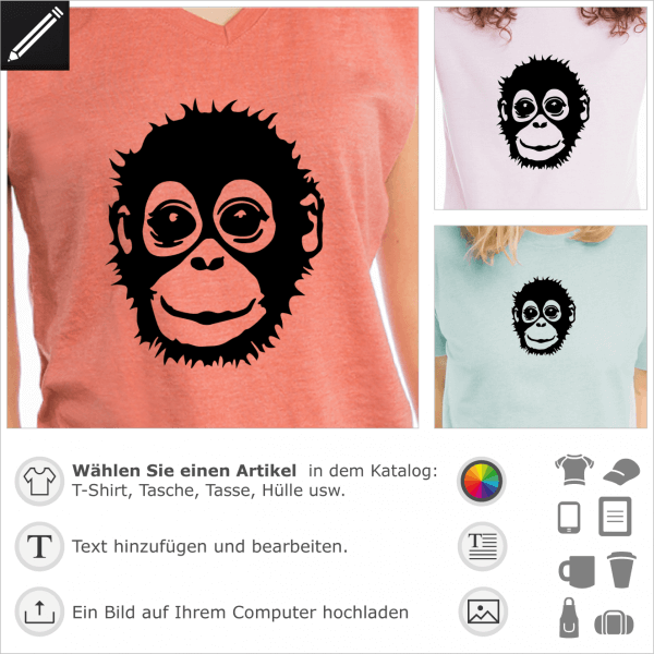 Baby Orang-Utan personalisierbares Design fr T-Shirt Druck. Personalisiere ein T-Shirt Tiere und Affe mit diesem Orang Utan Motiv.