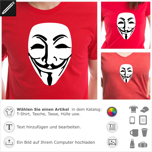 Anonymous Maske Design. Personalisierbare Guy Fawkes Maske fr T-Shirt Druck. Gestalte einen Artikel mit diesem Motiv fr Geeks und Hackers.