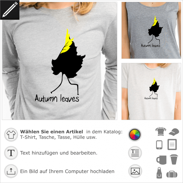 Autumn leaves Wortspiel, visual pun, Wortspiel Design fr T-Shirt Druck. Gestalte ein Herbst T-Shirt mit diesem Weggehenden Blatt.