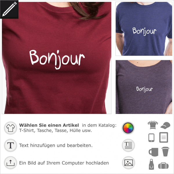 Bonjour handschriftliches Design fr T-Shirt Druck. Franzsiches Zitat.