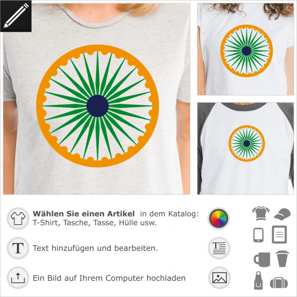 Ashoka Chakra Design. Gestalte ein T-Shirt mit dem Indischen Ashoka Rad aus der Farben der Indischen Fahne gezeichnet.