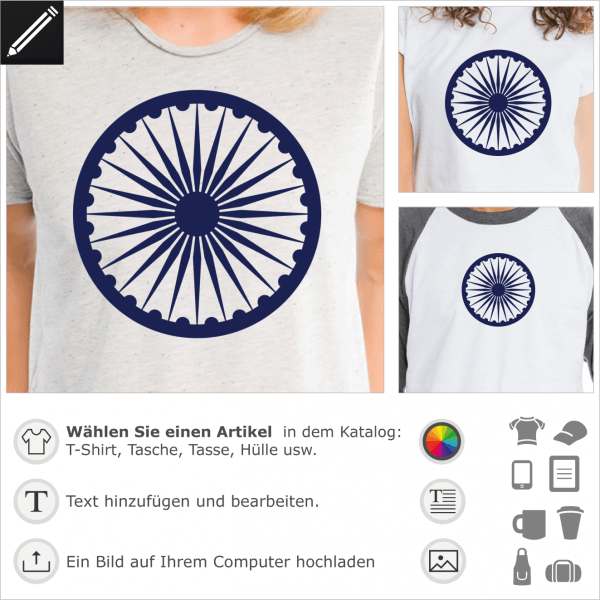 Chakra Ashoka India, indisches Design fr T-Shirt Druck.