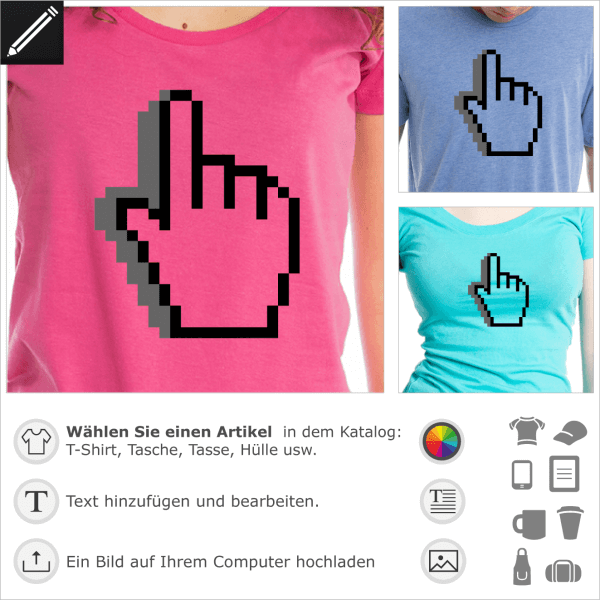Durchsichtig Cursor pointer Design, anpassbares Pixels Hand Design fr T-Shirt Druck.