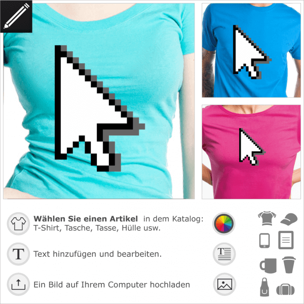 Cursor default anpassbares Design, undirchsichtiger Pfeil mit Pixels gezeichnet. Personalisiere ein Pixel-Art 8-bits T-Shirt online.