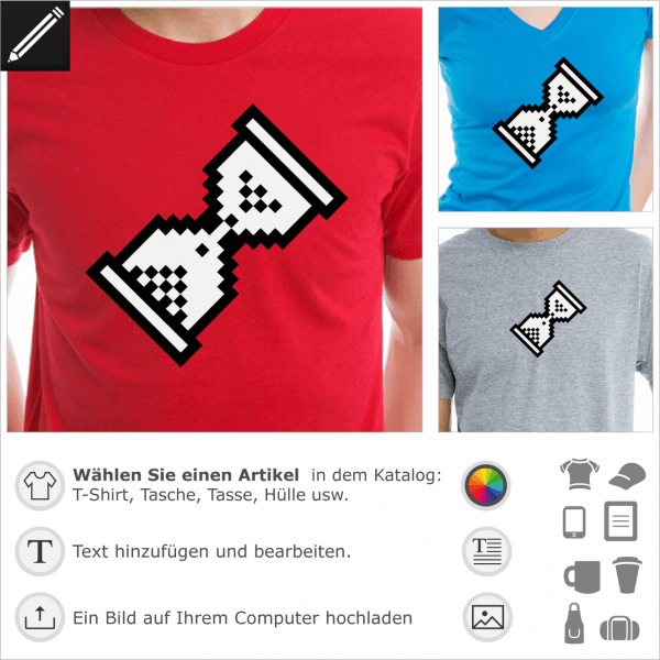 Cursor wait, undirchsichtige Sanduhr personalisierbares Design fr T-Shirt Druck. Windiws Cursor Design mit Pixels gezeichnet.