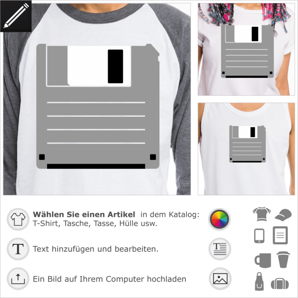 Diskette 3,5 zoll personalisierbares Design fr T-Shirt Druck. Retro gaming Retrospiel 3 Farben Design.