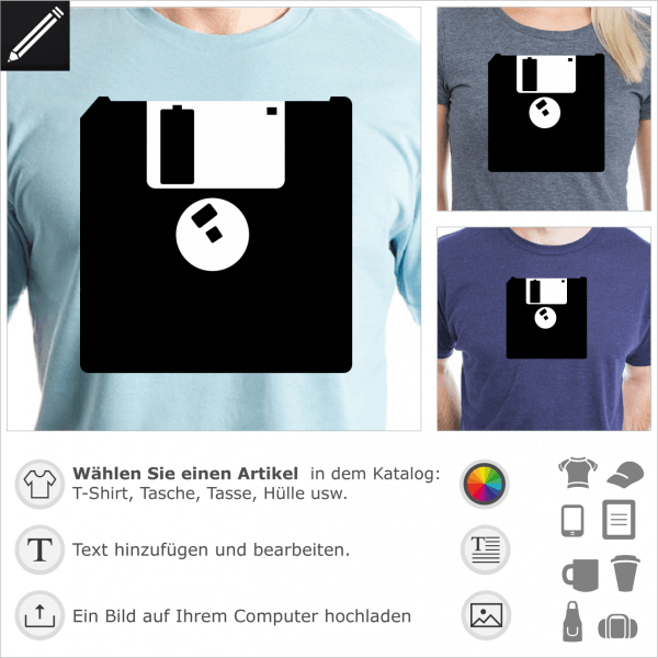 Vintage 3.5 Zoll Diskette Logo, 2 Farben Design fr T-Shirt Druck. Gestalte ein T-Shirt Retrogaming mit diesem Motiv.