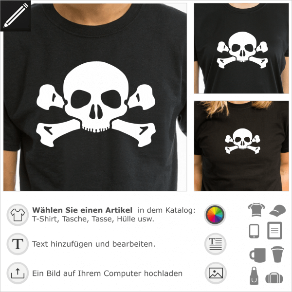 Piraten feiner Totenkopf mit Knochen. Gestalte ein T-Shirt Pirat mit diesem kleinen Schdel und kreuzweiser Knochen.