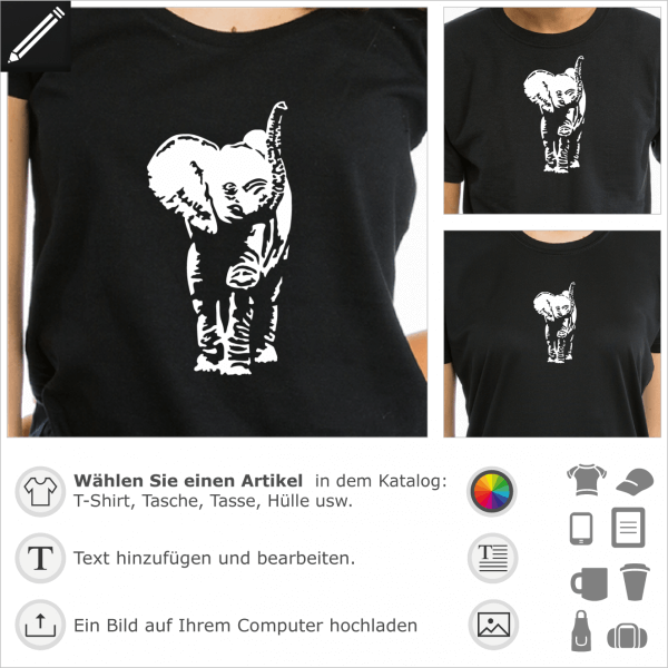 Baby Elefant umgekehrt Design fr T-Shirts Druck. Gestalte ein T-Shirt Elefant mit diesem 1 Farbe Motiv fr dunkle Kleidung.