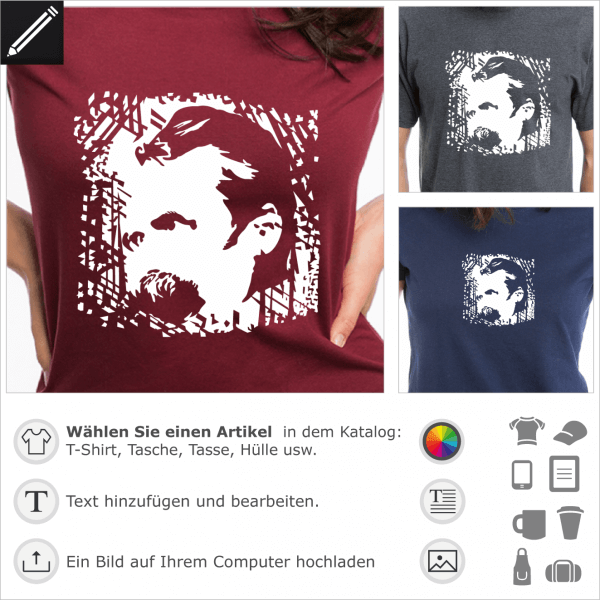 Friedrich Nietzsche Porträt, umgekehrtes Design für dunkle Kleidung. Gestalte dein Nietzsche T-Shirt online.