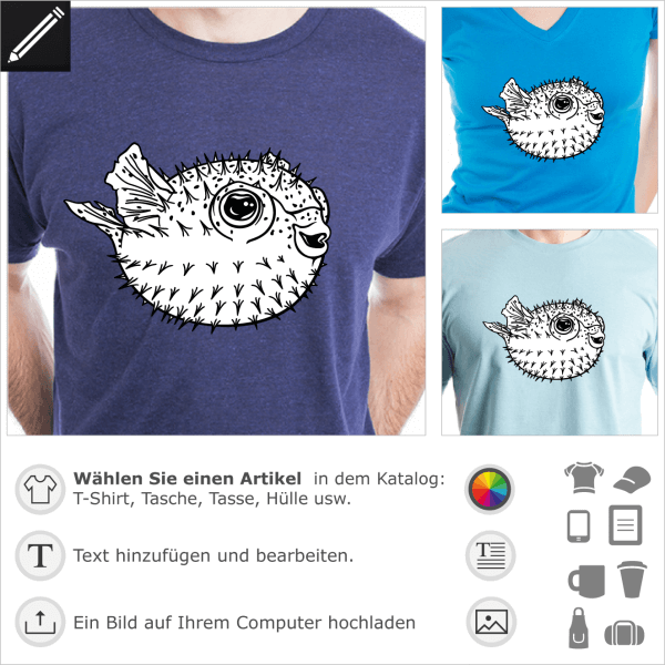 Fugu T-Shirt, um sich selbst zu personalisieren. Spezieller undurchsichtiger schwarz-weier Kugelfisch zum Bedrucken von T-Shirts.