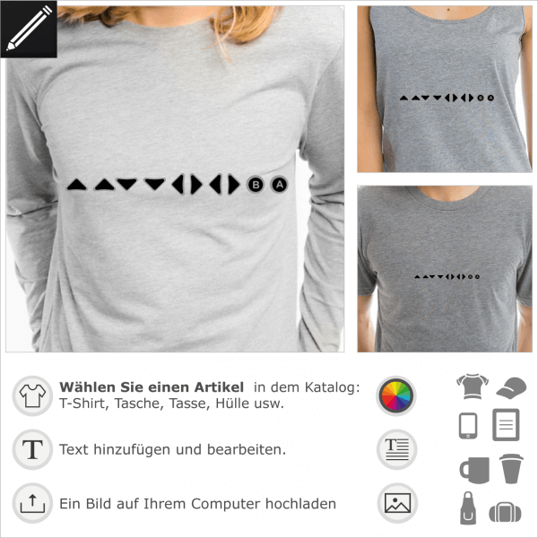 Konami Code Tasten, anpassbares horizontales Cheat Code Design für T-Shirt Druck.
