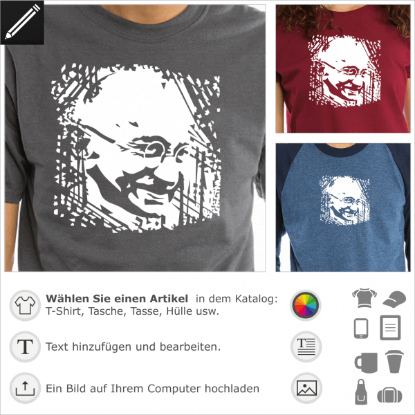 Gandhi Portrt mit Hintergrund Textur, anpassbares umgekehrtes Design fr T-Shirt Druck.