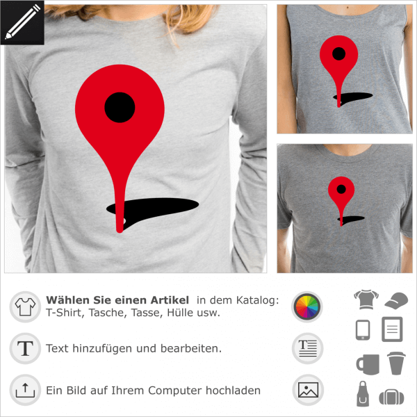 Sie sind hier personalisierbares Google Zeichen fr T-Shirt Druck. Gestalte ein T-Shirt Plan mit dieser roten Lokalisierung Zeichen und Schatten.