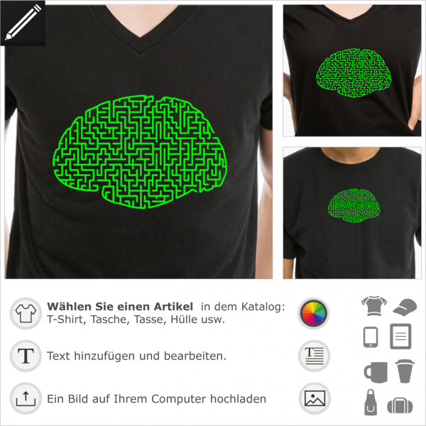 Gehirn Labyrinth frmig Design fr T-Shirt Druck. Denksportaufgabe personalisierbare Motiv.