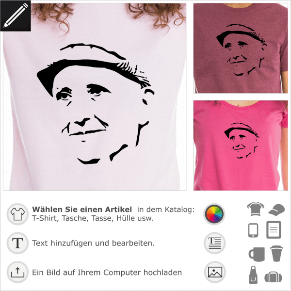 Gertrude Stein Portrt fr T-Shirt Druck. Gestalte ein T-Shirt amerikanische Literatur mit diesem Schriftstellerin Portrt.