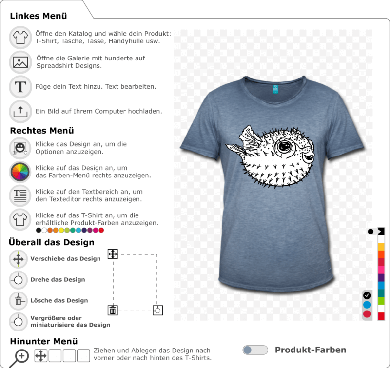 Fugu T-Shirt zur Personalisierung im Internet. Geschwollener Kugelfisch mit Spitzen, gezeichnet in 2 Farben.