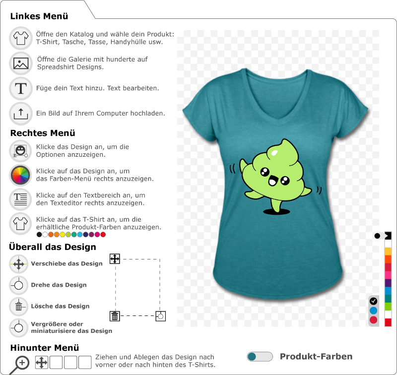 Emoji kawaii T-Shirt, tanzende Kacke, mit einem fröhlichen Gesicht. Erstelle ein originelles Kak-T-Shirt.