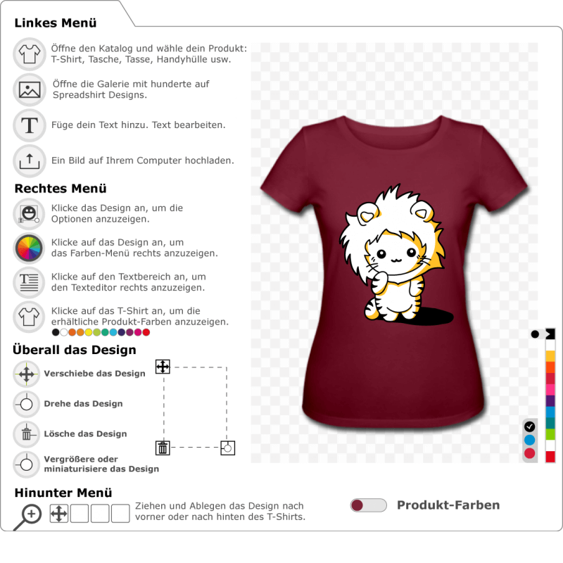 Ktzchen T-Shirt verkleidet als Lwe mit Mhne. Kawaii Katze Design 3 Farben, um online anzupassen.