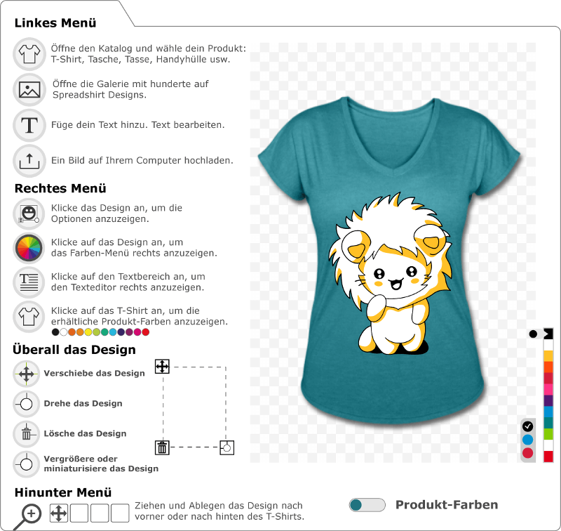 Kawaii Ktzchen T-Shirt zur Personalisierung. Kleine Katze, die mit einem lachenden Gesichtsausdruck steht und eine Kapuze mit einer Lwenmhne trgt.