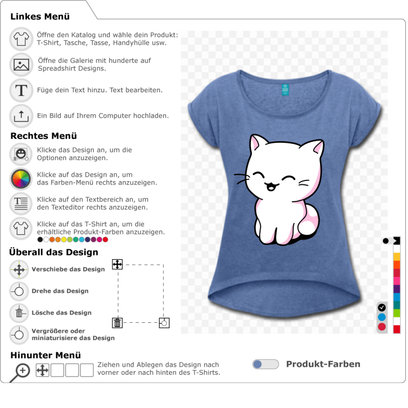 Lustige Katze im Kawaii-Stil gezeichnet, um online zu drucken. Anpassbare Farben. Hochwertiger Druck. Gestalte ein individuelles Kawaii-Katzen-T-Shirt