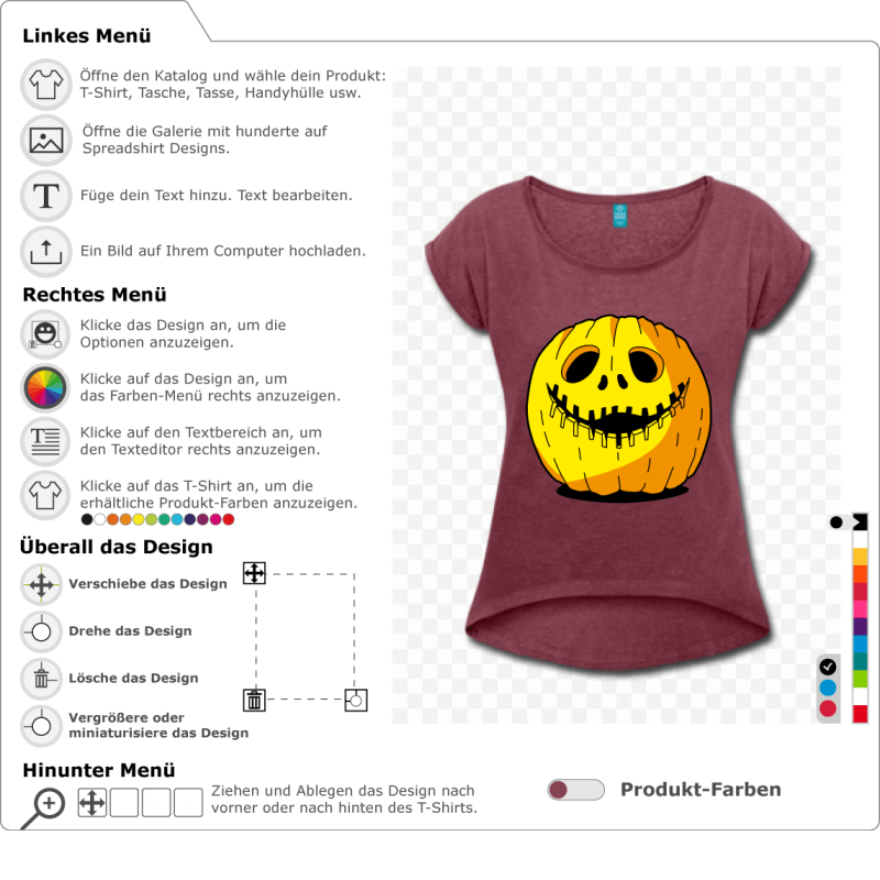 Gestalten Sie ein Halloween-T-Shirt mit diesem originellen und lustigen Krbis, der in 3 vernderbaren Farben gestaltet ist.