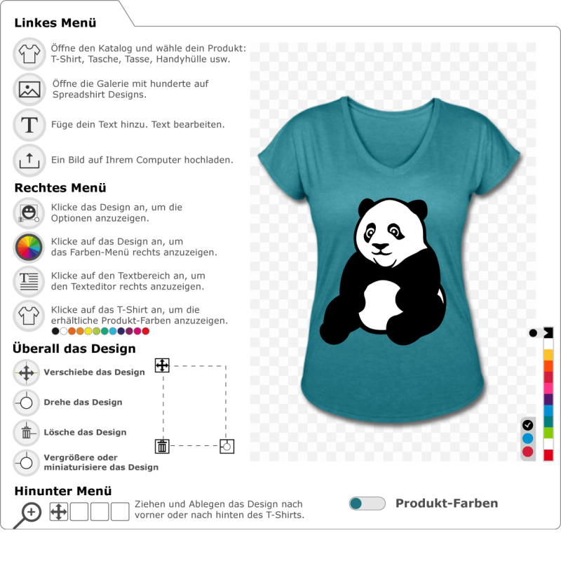 Schwarz-weies Panda Design von vorne, leicht nach links gerichtet. Kawaii Design, um es online anzupassen.