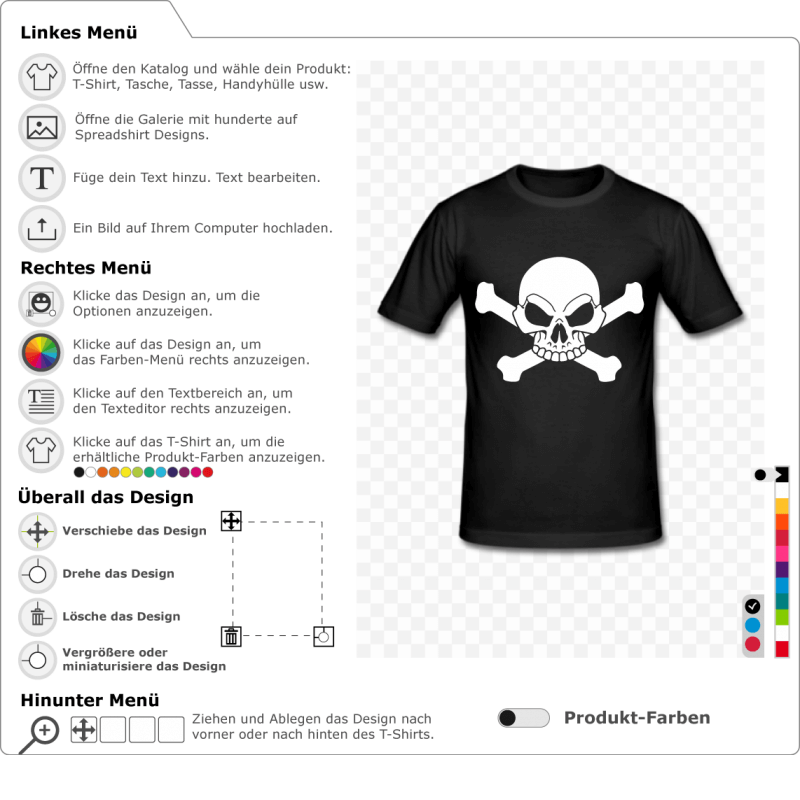 Piraten-T-Shirt, um sich persnlich zu gestalten. Fge Text hinzu, whle das T-Shirt-Design. Weier Totenkopf und Kreuzknochen.