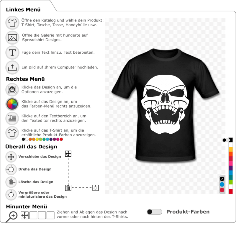 Personalisiere ein Totenkopf-T-Shirt mit diesem stilisierten Totenkopf mit einem kichernden Ausdruck, der Kopf nach hinten geworfen.