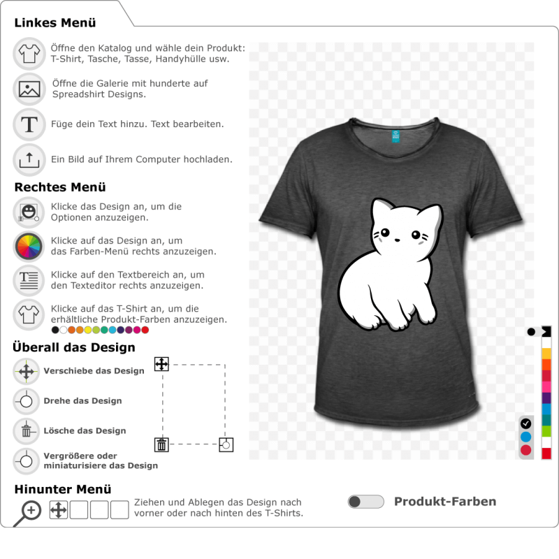 Personalisiere ein Kawaii-Katzen-T-Shirt mit diesem Profil-Ktzchen mit editierbaren Farben.