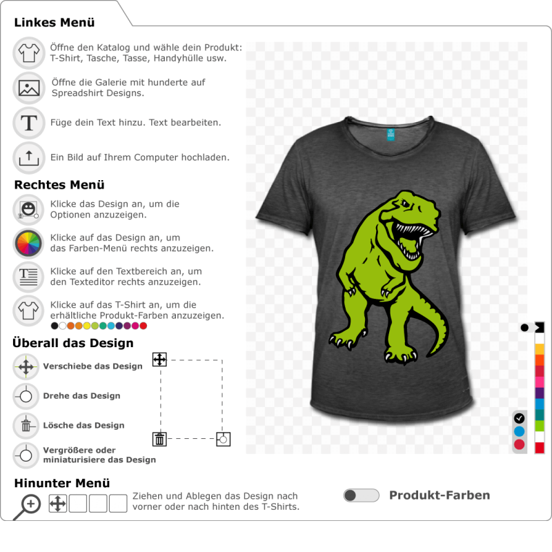 Gestalte ein individuelles Dinosaurier-T-Shirt mit diesem speziellen undurchsichtigen dreifarbigen t-rex fr den Online-Druck.