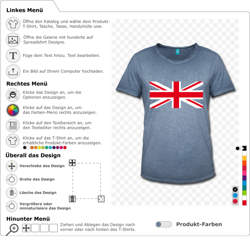 Gestalte dein eigenes individuelles UK-T-Shirt mit dieser Flagge von Grobritannien, die aus orthogonalen und diagonalen roten und weien Kreuzen best