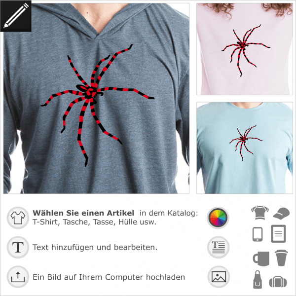 Dunkle gestreifte Spinne. Gestalte ein T-Shirt mit dieser Spinne.