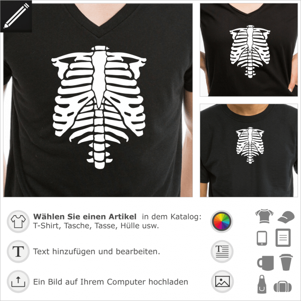 Phosphoreszierend Skelett, personalisierbares Skeletts fr T-Shirt Druck. Gestalte ein T-Shirt Halloween mit diesem Brustkorb.