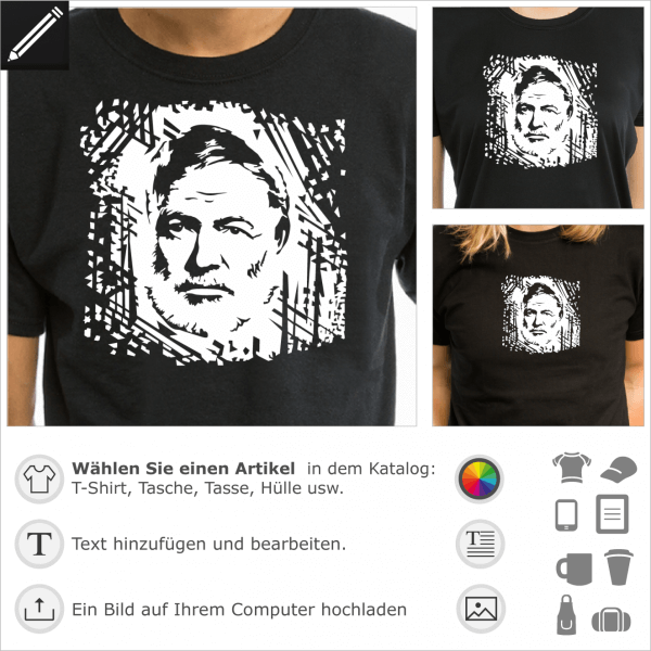 Hemingway personalisierbares umgekehrtes Porträt für dunkles T-Shirt Druck. Gestalte ein T-Shirt Schriftsteller und Literatur.