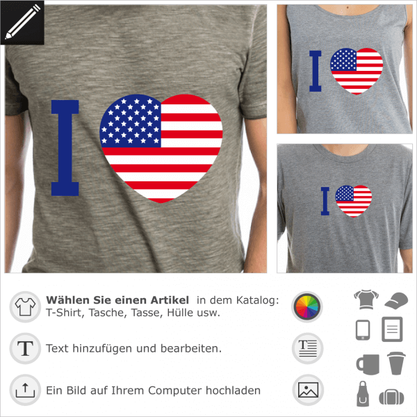 I love America Design mit einem Herz aus der Farben der Amerikanischen Fahne gezeichnet. Gestalte ein T-Shirt ich liebe Amerika.