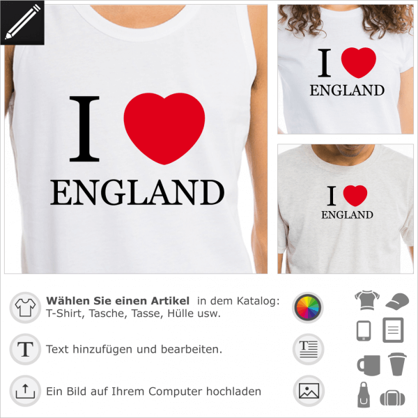 I love England Design mit einem rundliches Herz. 2 Farben personalisierbares Motif für T-Shirt Druck.