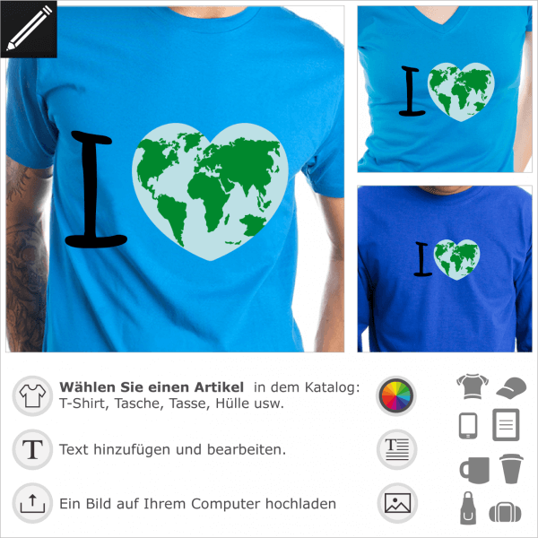 I love earth kologie Design fr T-Shirt Druck. Personalisierbares Planiglobiom Herz frmig. 