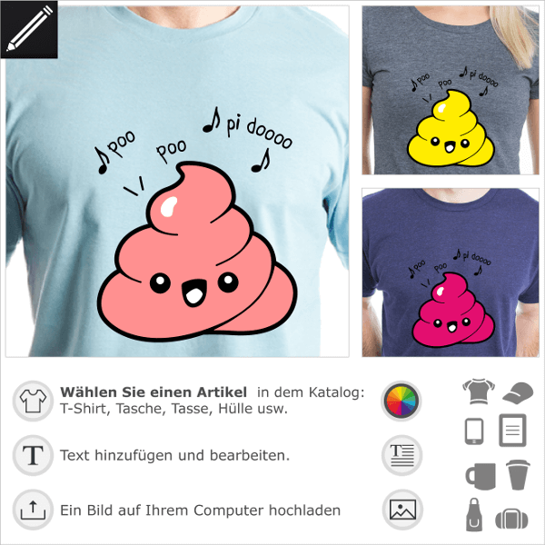 Kak Emoji T-Shirt, mit einem Zitat von Marilyn, poo poo pidoo, gezeichnet im Kawaii-Stil. Gestalte dein Kack Emoji-T-Shirt.