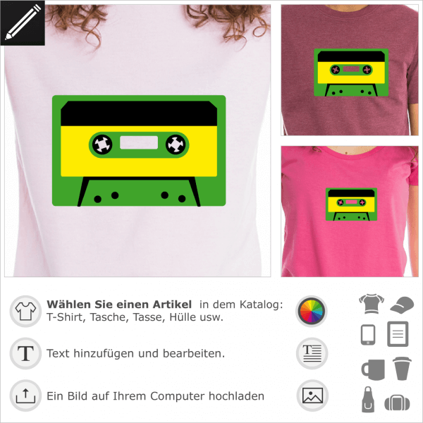 Vintage Audiokassette, dreifarbiges Design für T-Shirts und Accessoires Druck.