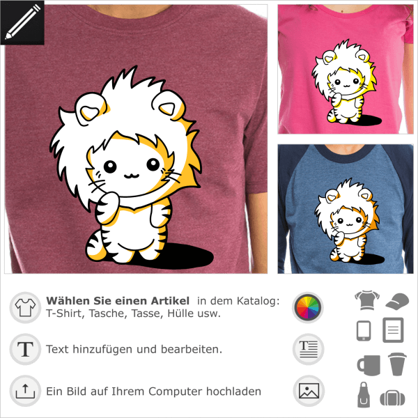 T-Shirt mit Kapuze fr Ktzchen. Lustiges Kawaii-Ktzchen mit einer Lwenmhnenhaube.  Niedliche Katze 3 Farben.