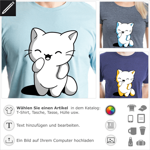 Kawaii Kätzchen T-Shirt gestalten. Kawaii-Kätzchen, das auf ihren Hinterbeinen steht. Die Katze hat einen urkomischen Gesichtsausdruck. Dreifarbiges, 
