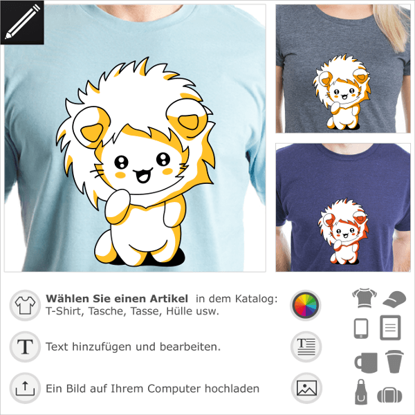 Kawaii Ktzchen T-Shirt, lustige Katze mit Lwenhaube zum Bedrucken von T-Shirts oder Accessoires.