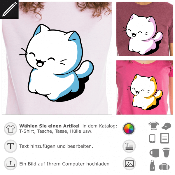 Katzen T-Shirt. Katze kawaii lacht. Das Kawaii-Ktzchen ist auf allen Vieren. Personalisierte Katze.