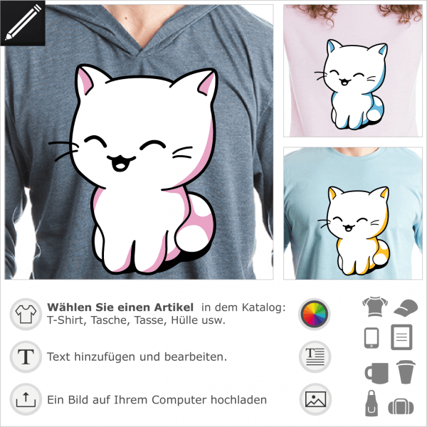 Ktzchen T-Shirt. Kawaii Ktzchen sitzend, in 3 Farben gezeichnet.  Die Katze hat ein lachendes Gesicht. Anpassbare Farbe und Gre. Gestalte ein Kawa