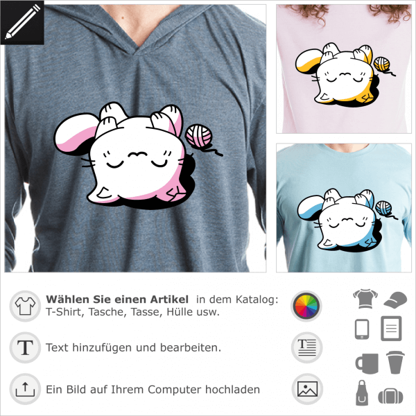Katzen T-Shirt. Die Kawaii-Katze schläft auf dem Rücken.  Süßes Kätzchen und Wollball, Kawaii-Anime Design zum Anpassen.