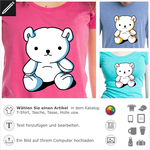 Stilisierter Kawaii-Teddybr, der in 3 Farben individuell gestaltet werden kann, um auf T-Shirts, Tassen oder Accessoires zu drucken.