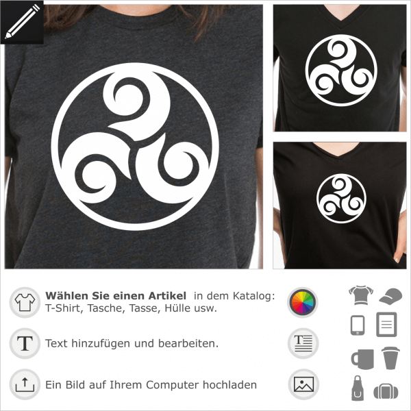 Eingekreiste Triskele mit getrennten Kreisbgen und Serife. Personalisierbarer Triskelion Design fr T-Shirt Druck.