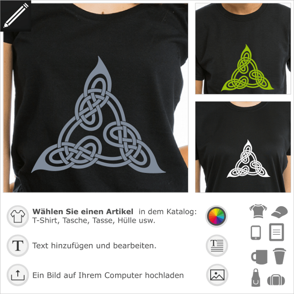 Keltisches T-Shirt mit Lindisfarne Dreieck. Keltisches Dreieck aus dem Gebetbuch von Lindisfarne, keltisches Design mit drei Ecken.