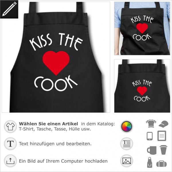 Kiss the cook Design fr Schrze Druck mit einem Herz.